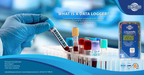 a laboratory technician holding a vial, alongside a G4 Scientific temperature data logger. Headline: What is a data logger?