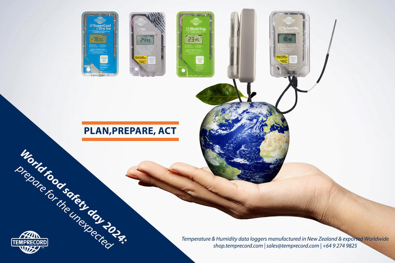 Food safety image of a hand holding an apple with the World map. Temprecord data loggers and real-time monitoring units