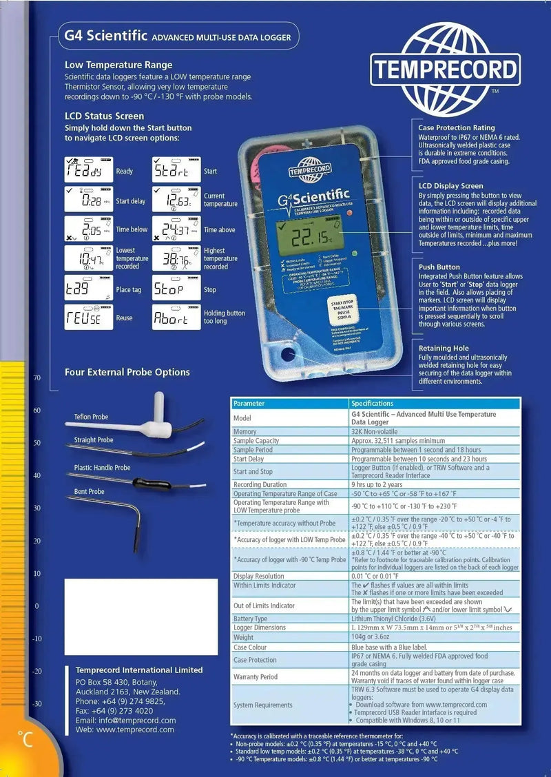 G4 Scientific Teflon probe Temprecord