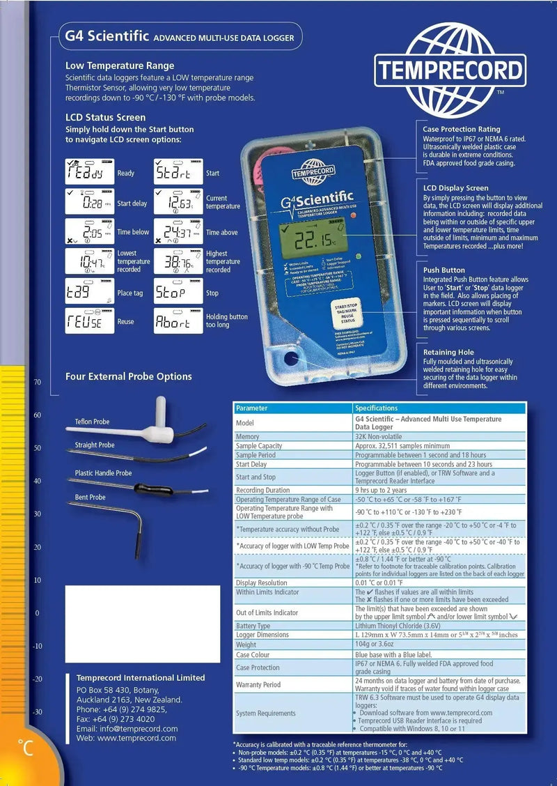 G4 Scientific Temperature Data Logger with Plastic Handle Probe Temprecord