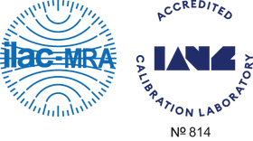 Blue accreditation logos for ilac-MRA and IANZ Calibration Laboratory on a white background, with the text 'Accredited' and 'No 814' below.